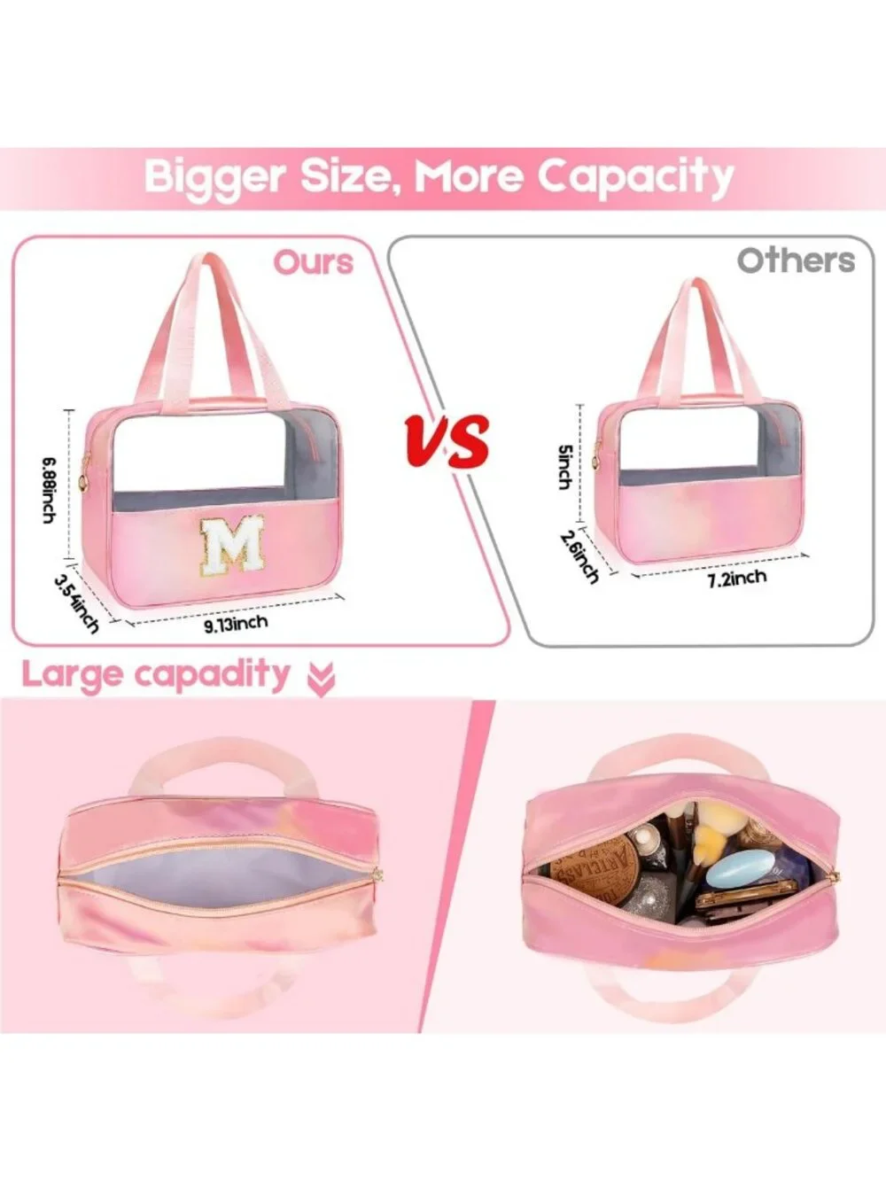 Personalized Pink Clear Makeup Bag | Cute Large Cosmetic Organizer for Travel